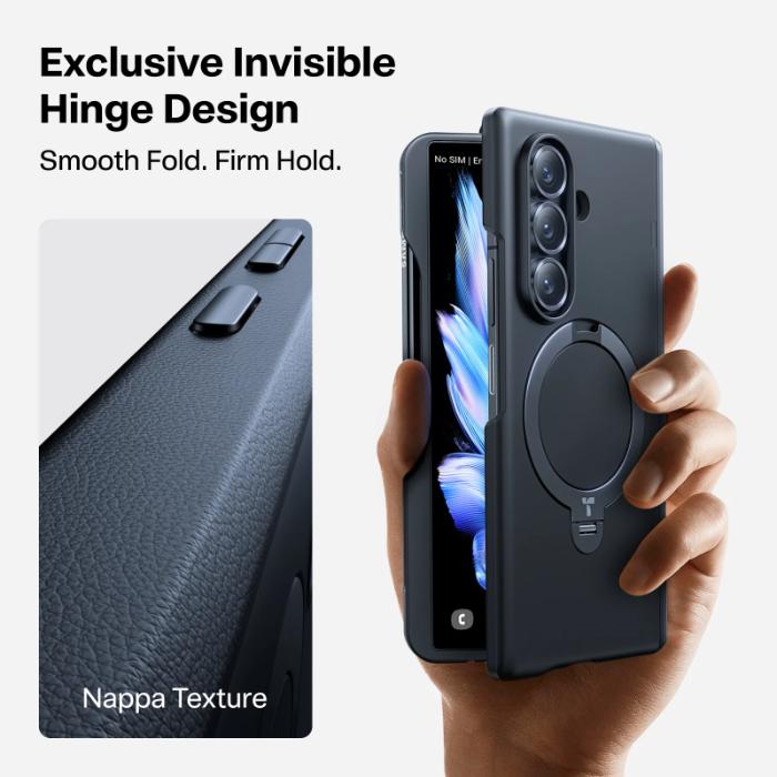 Black TORRAS Ostand Q3 Spin Case for Samsung Galaxy Z Fold 7 (2025) with exclusive invisible hinge design held by a hand, showing nappa texture.