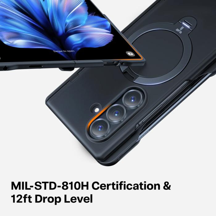 Smartphone with protective Black TORRAS Ostand Q3 Spin Case for Samsung Galaxy Z Fold 7 (2025) on a white background, highlighting certification details.