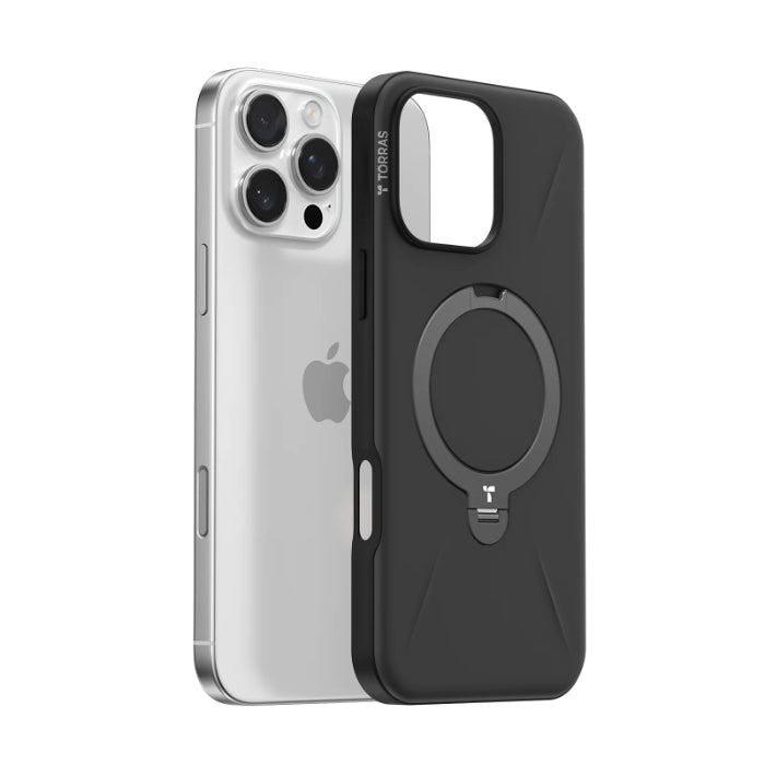 Black TORRAS Ostand Spin Fusion Silicone Series for iPhone 16 Pro Max (2024) on a white background