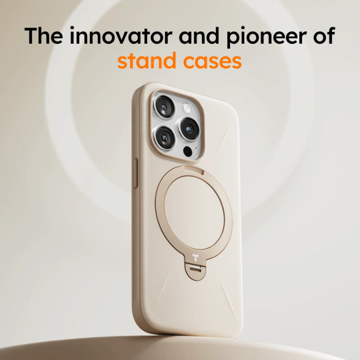 Black TORRAS Ostand Spin Fusion Silicone Series for iPhone 16 Pro Max (2024) with ring stand feature on a light background, labeled as 'innovator and pioneer of stand cases'.
