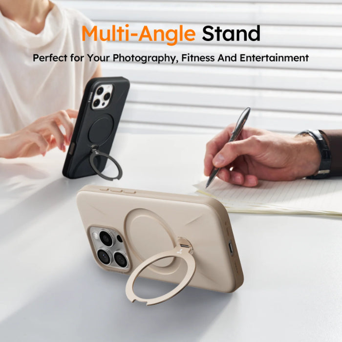 TORRAS Ostand Spin Fusion Silicone Series for iPhone 16 Pro Max (2024) Multi-angle stand with phone holder on a table with people using it for photography, fitness, and entertainment.