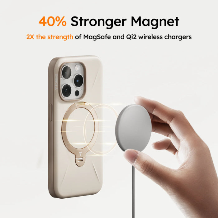 TORRAS Ostand Spin Fusion Silicone Series for iPhone 16 Pro Max (2024)  with magnetic feature being held by a hand, on a light gray background
