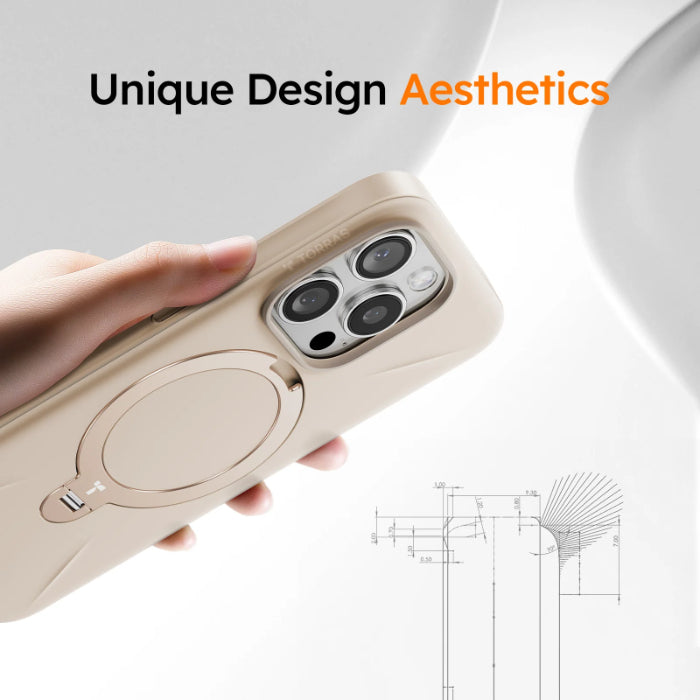 TORRAS Ostand Spin Fusion Silicone Series for iPhone 16 Pro Max (2024) with unique design aesthetics held by a hand on a light gray background
