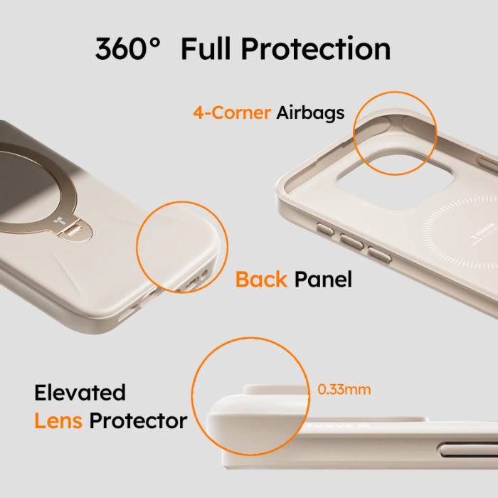 TORRAS Ostand Spin Fusion Silicone Series for iPhone 16 Pro Max (2024) with features highlighted on a light gray background