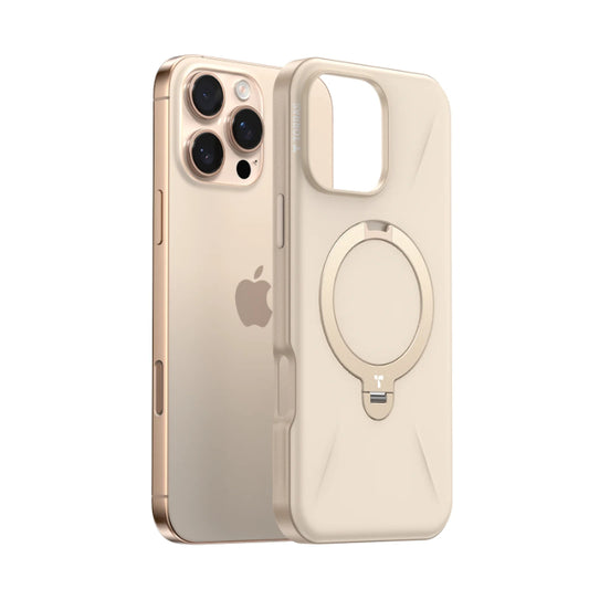 Gold TORRAS Ostand Spin Fusion Silicone Series for iPhone 16 Pro Max (2024) on a white background
